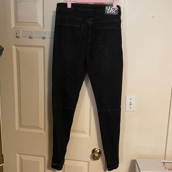 Womens THC The Hideout Clothing Black Ripped Patch Skinny Jeans Size 28 - Picture 2 of 5